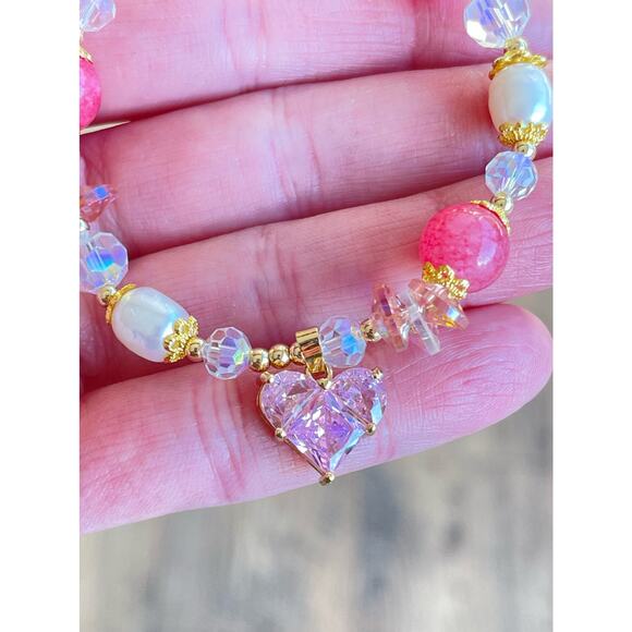 Pink Swarovski Beaded Bracelet Heart Charm - Picture 6 of 8